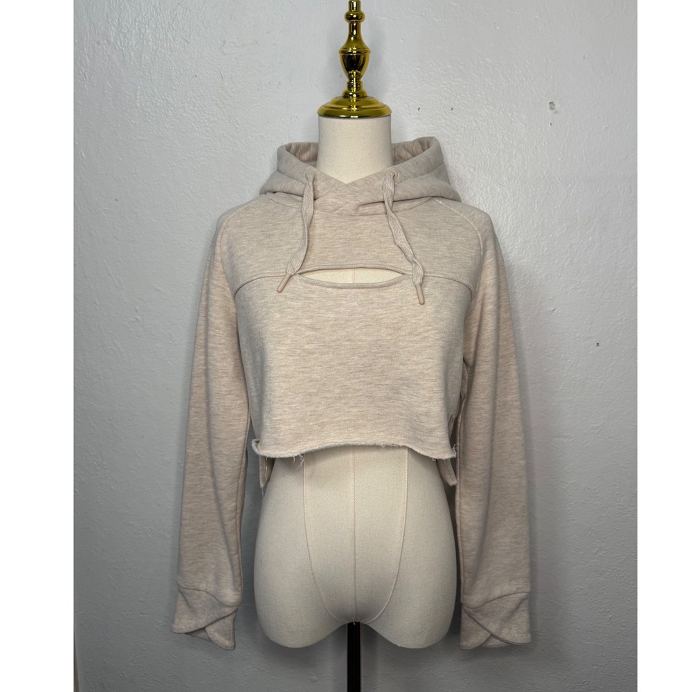 Gymshark Women's Small Cropped Raw Edge Hoodie Heather Beige Chest Cutout